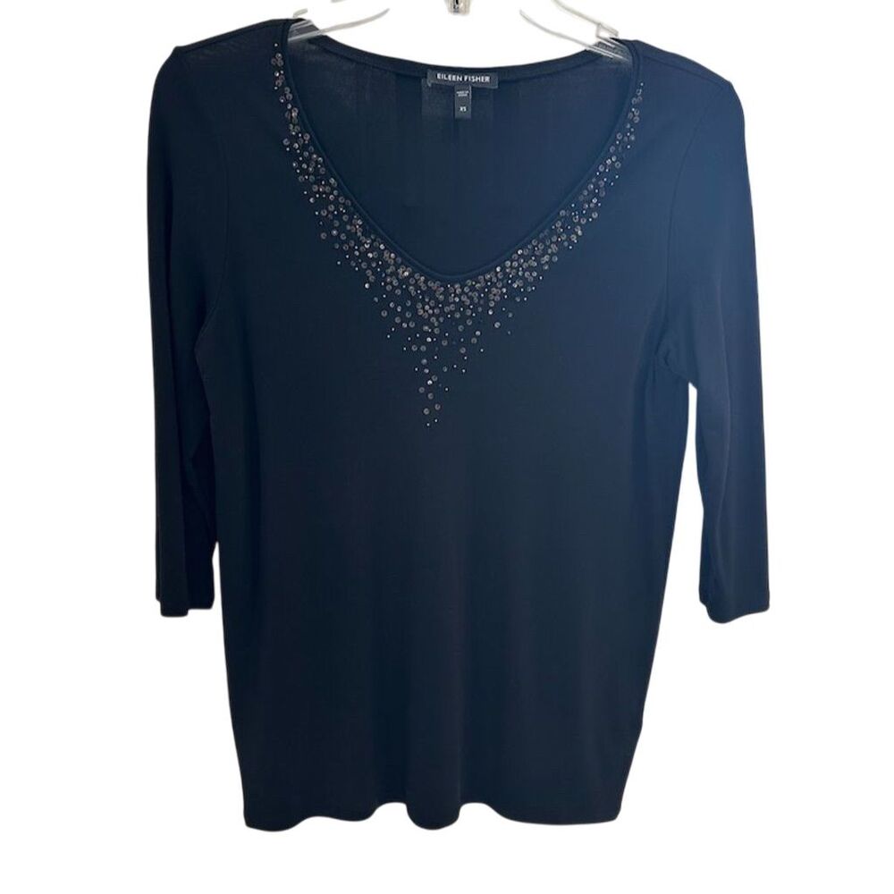Eileen Fisher Women's XS Black V-Neck Embellished Blouse Silk SI30